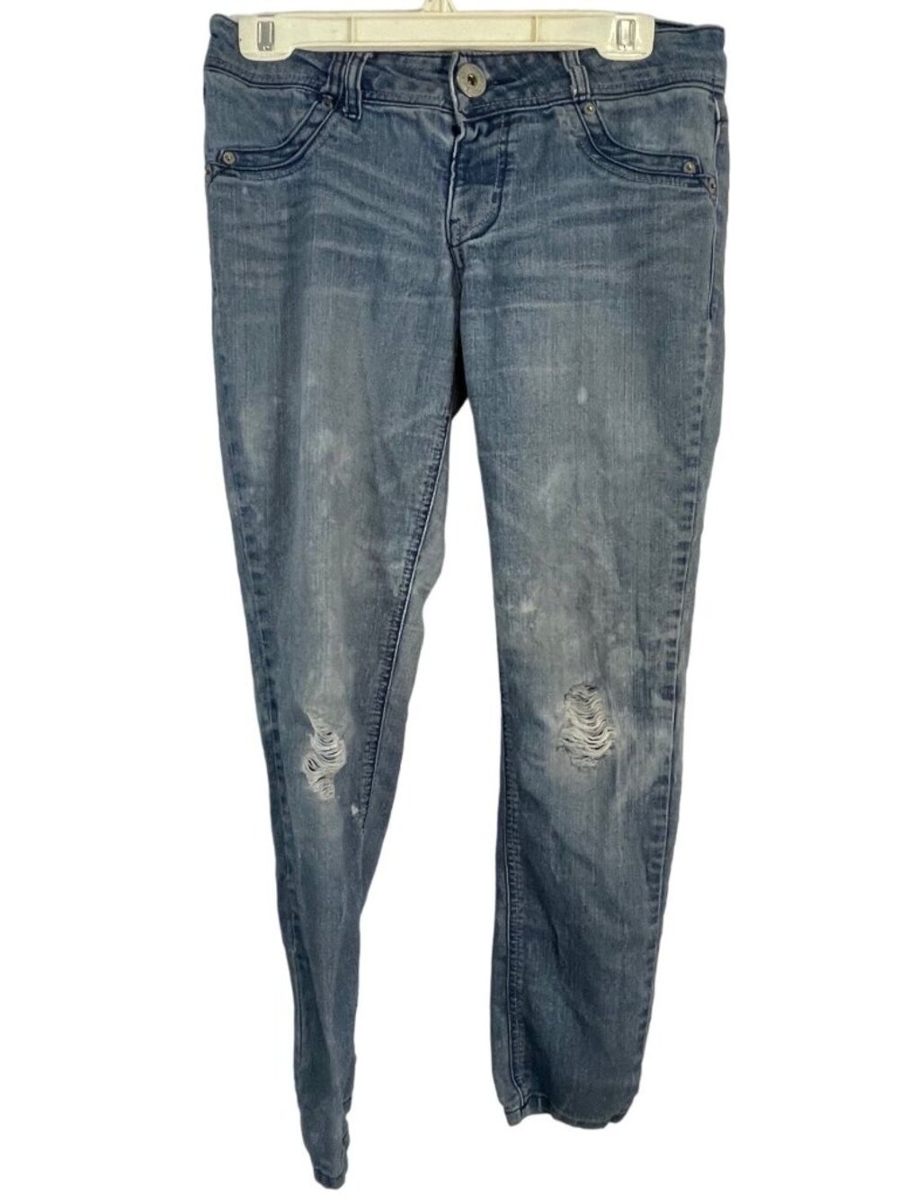Jolt jeans pants destressed stretchy button bleaching no zipper size 7 waist 30"